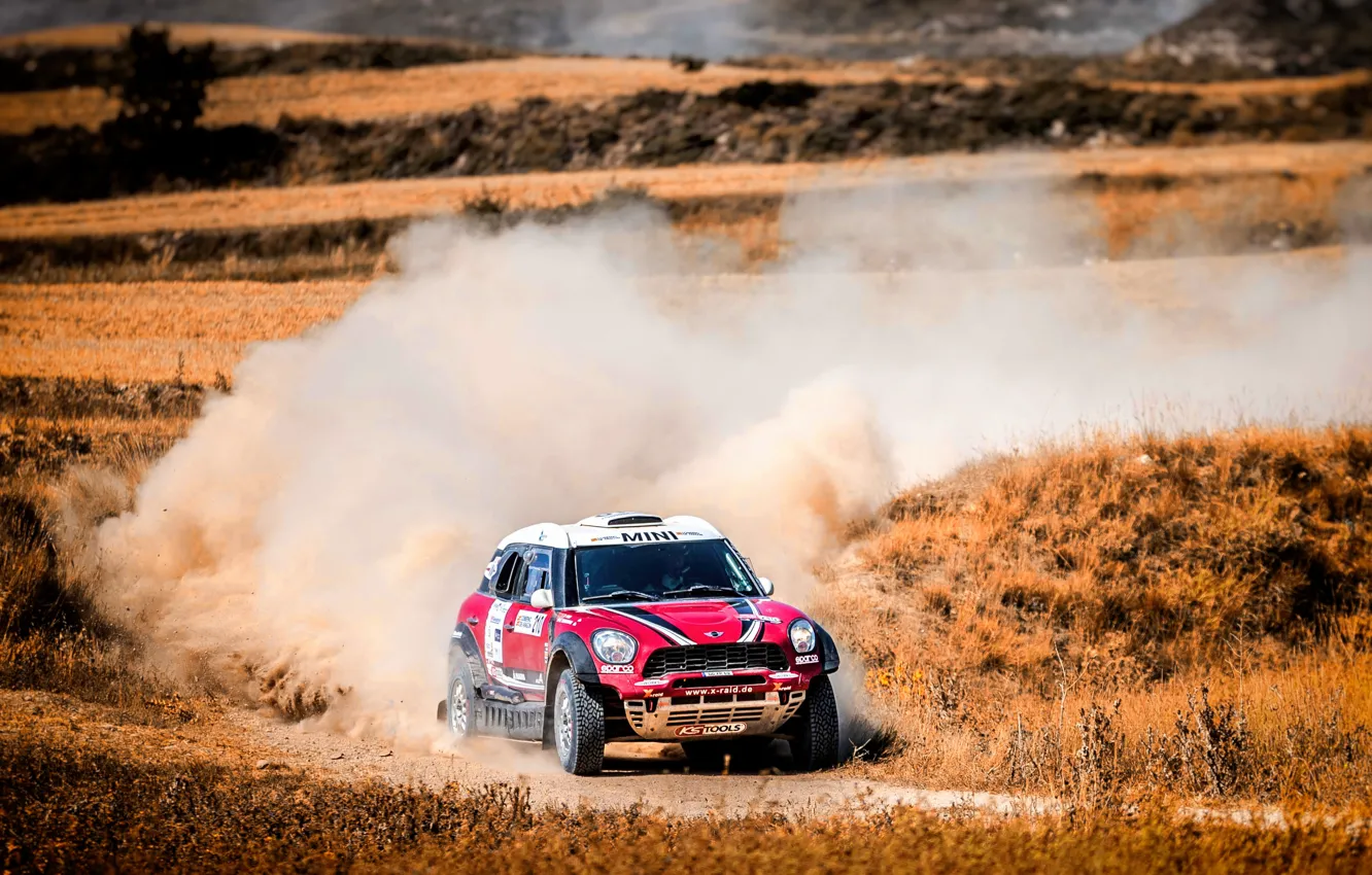 Photo wallpaper red, race, sport, speed, Mini, dust, turn, SUV