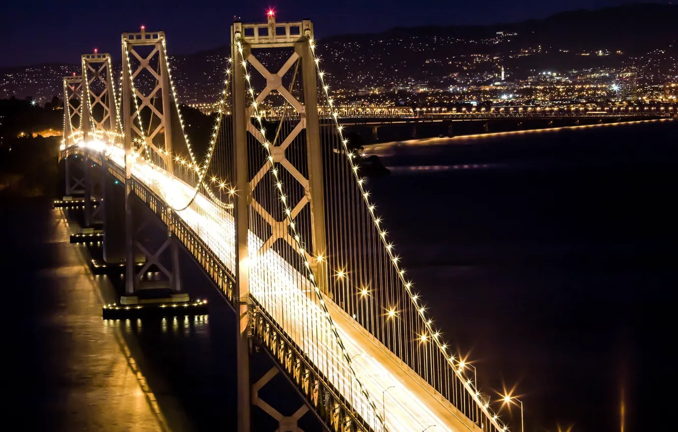 Photo wallpaper night, bridge, the city, lights