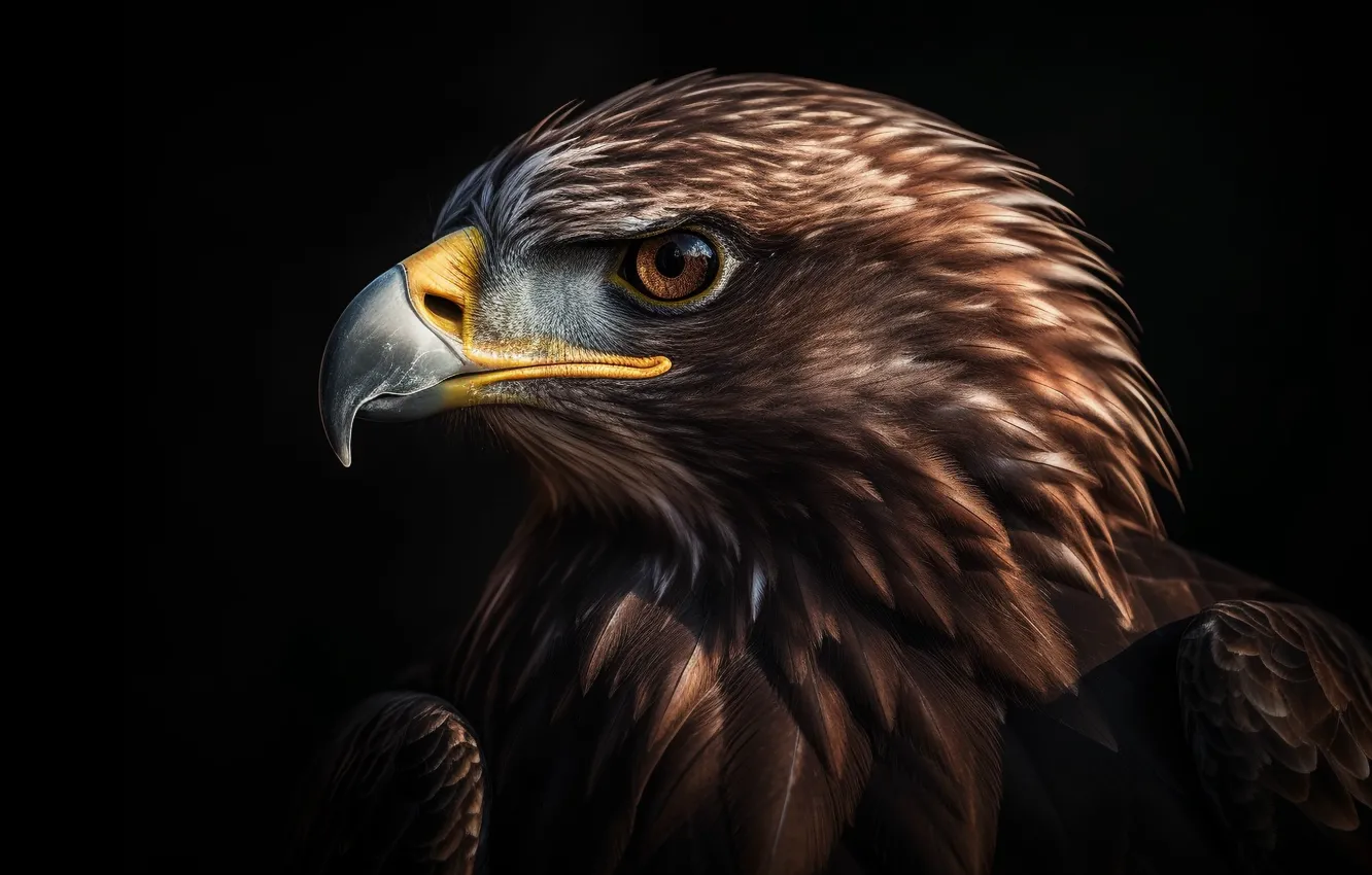 Photo wallpaper eyes, look, bird, predator, black background, side, hawk, closeup