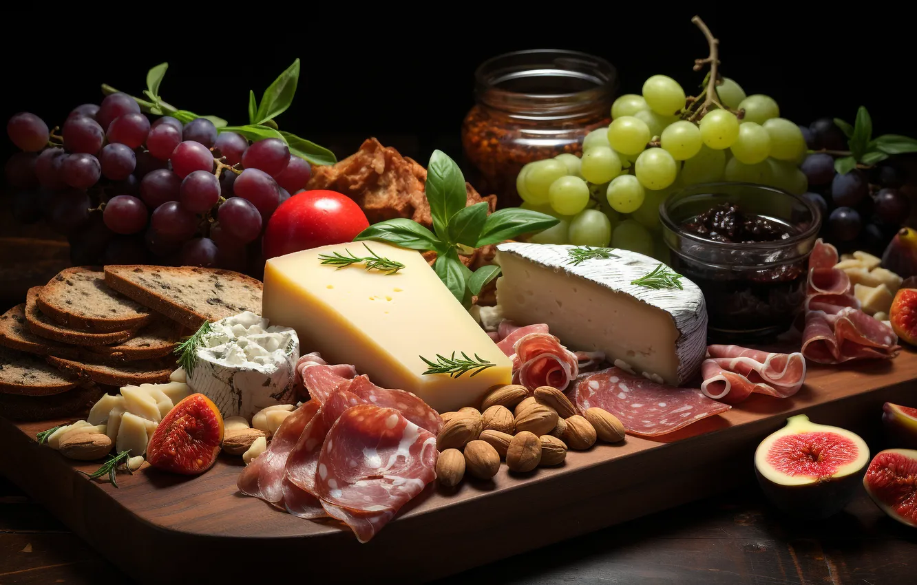 Photo wallpaper cheese, grapes, ham, AI art, neural network