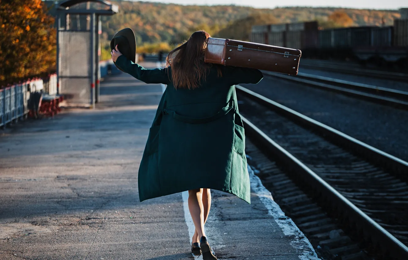 Photo wallpaper girl, rails, suitcase, Ilya Baranov, Arina Seregina