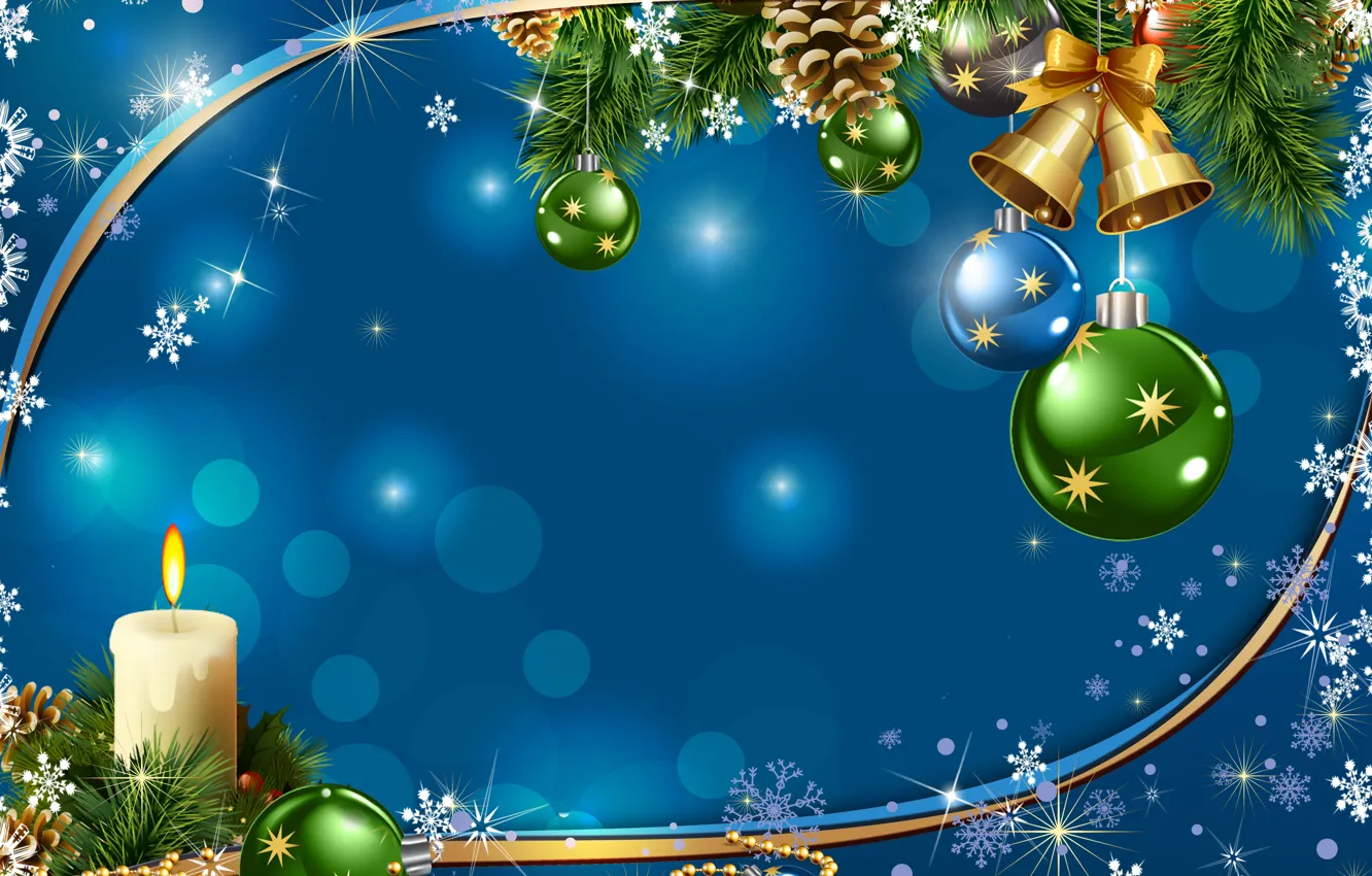 Photo wallpaper Candles, New Year, Branches, Balls, Bells, Snowflakes