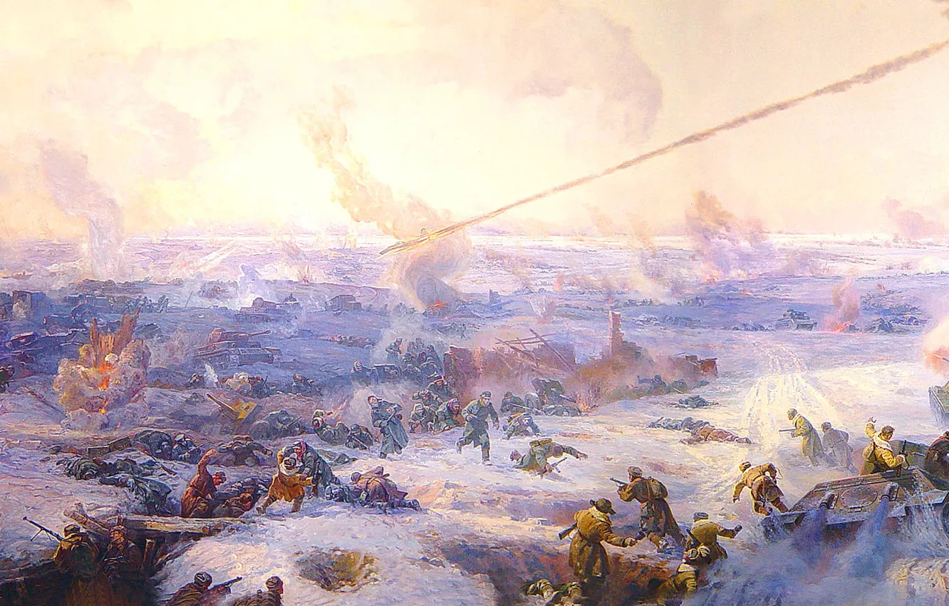 Photo wallpaper winter, snow, war, attack, picture, soldiers, panorama, tank