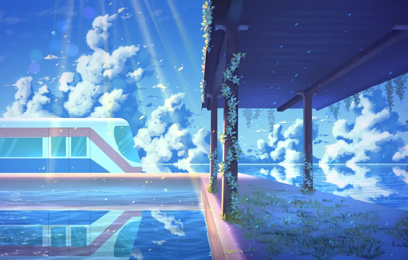 Photo wallpaper the sky, water, train, stop