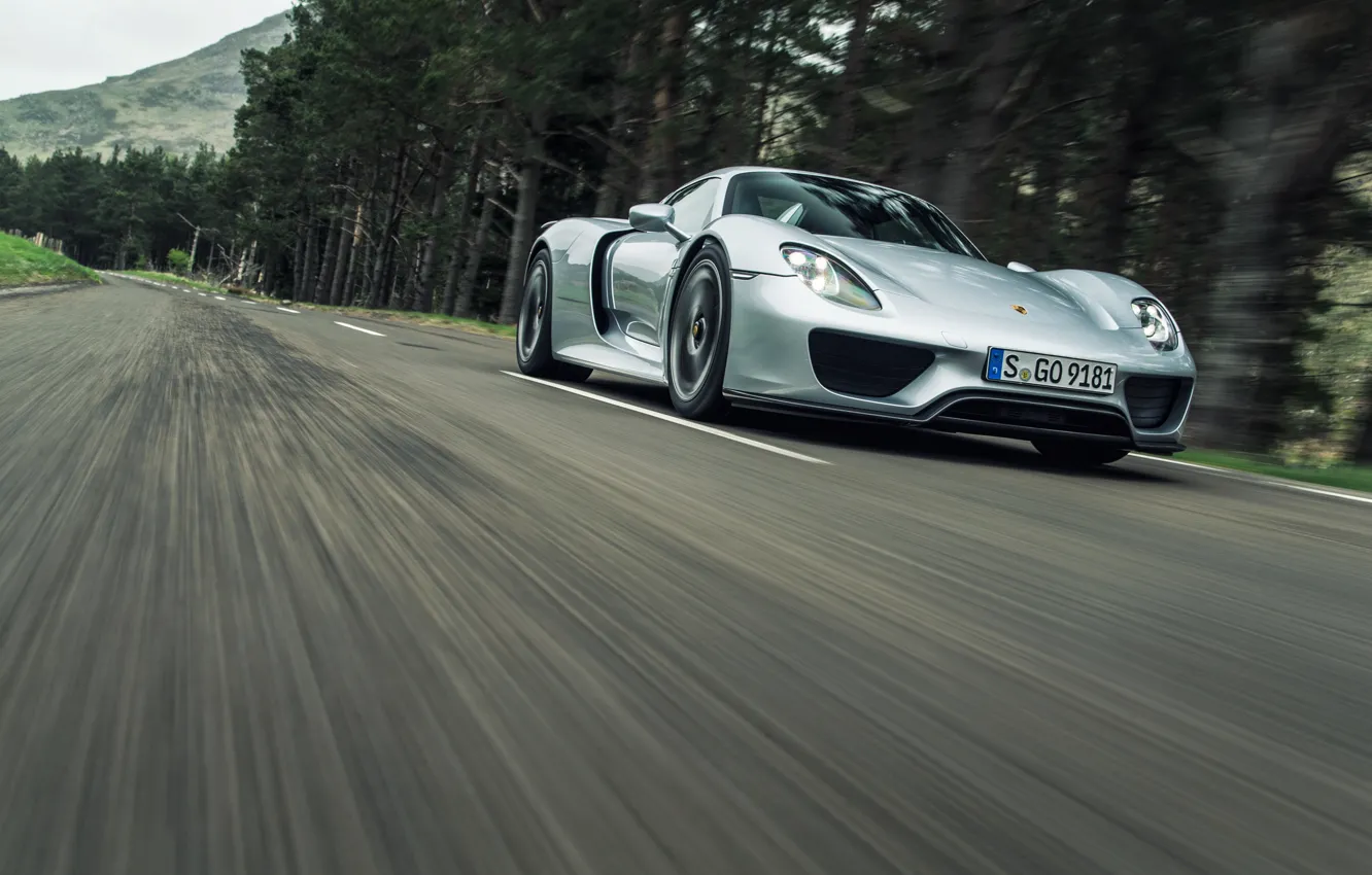 Photo wallpaper road, trees, movement, Porsche, hybrid, hypercar, Porsche 918 Spyder