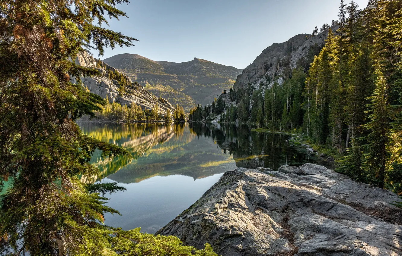 Photo wallpaper forest, mountains, lake, reflection, stone, CA, California, Sierra Nevada