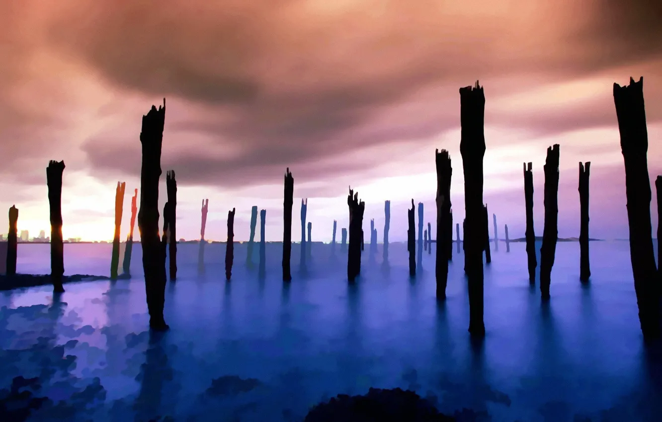 Photo wallpaper the sky, water, posts