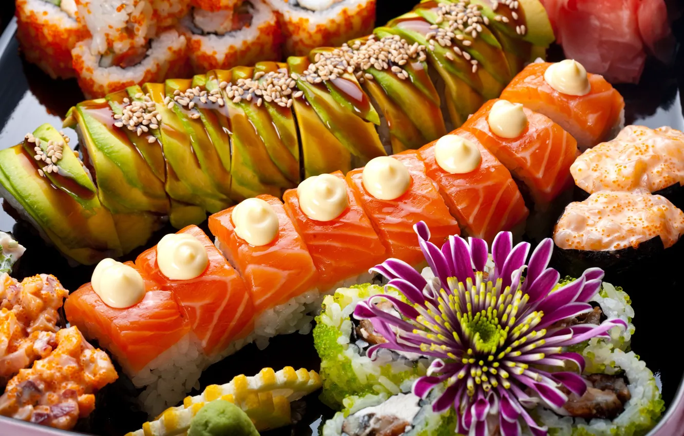 Photo wallpaper fish, sushi, sushi, rolls, seafood, Japanese cuisine