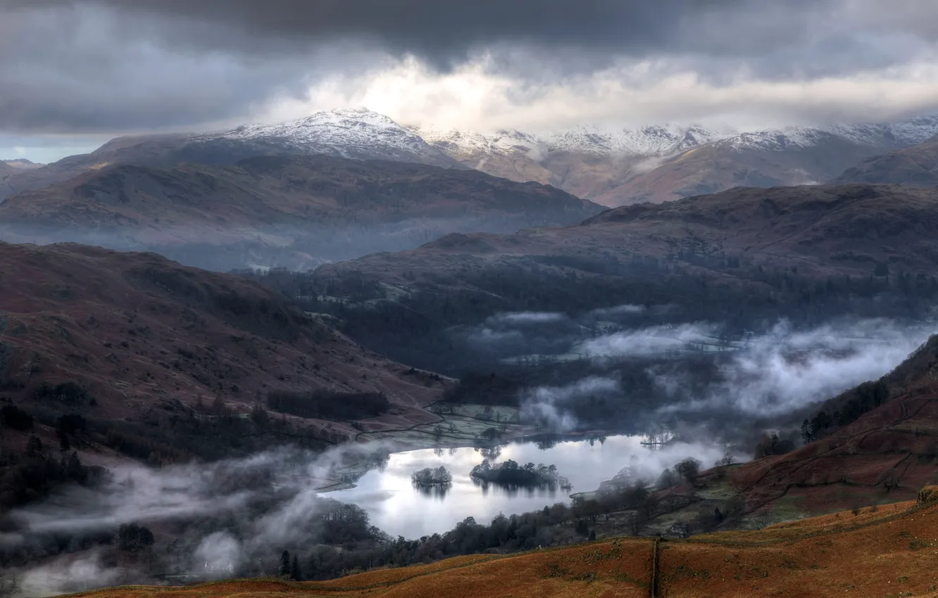 Photo wallpaper mountains, fog, lake, England, Cumbria, South Lakeland, South Lakeland District