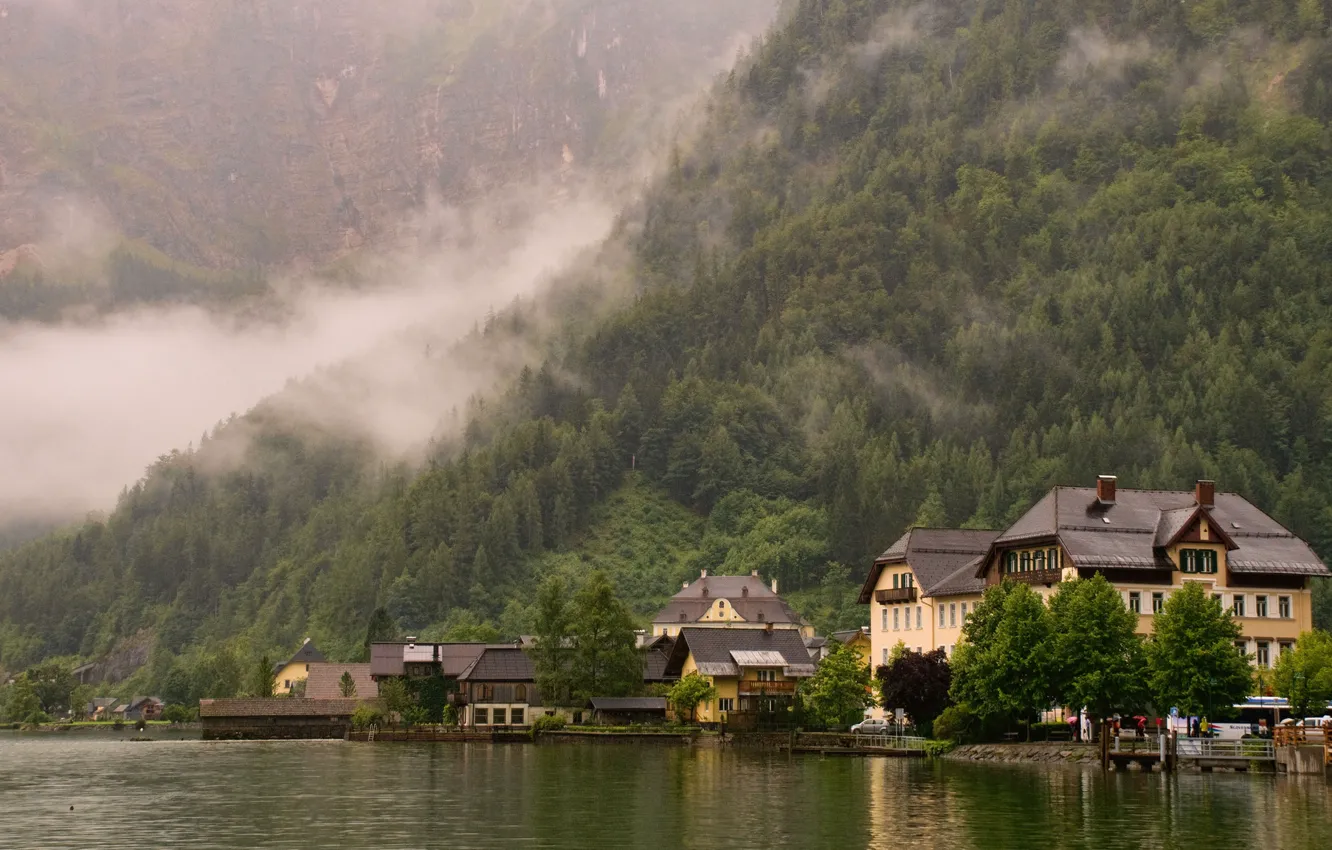 Photo wallpaper forest, mountains, the city, fog, Austria, Hallstatt
