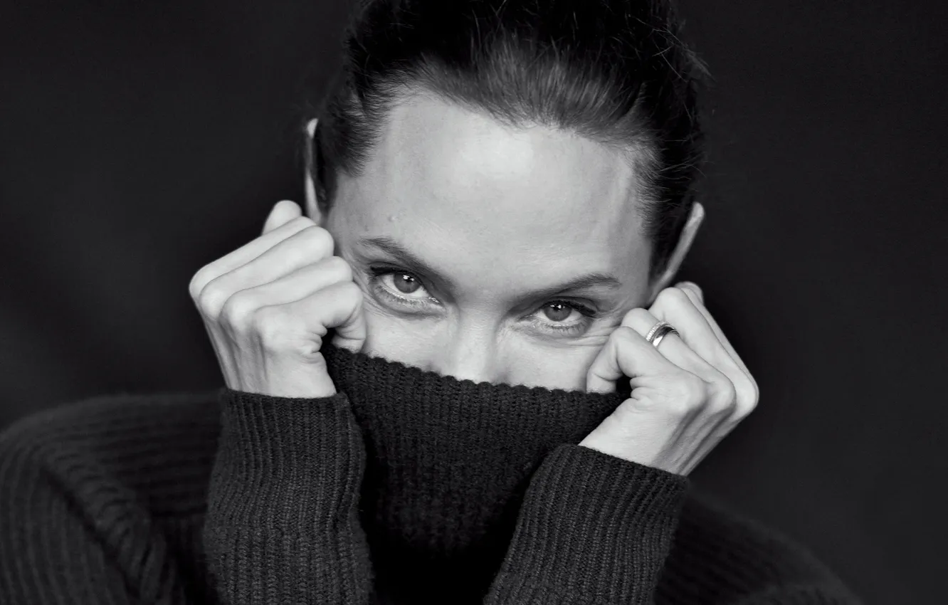 Photo wallpaper face, model, hands, actress, Angelina Jolie, Angelina Jolie, collar, black and white