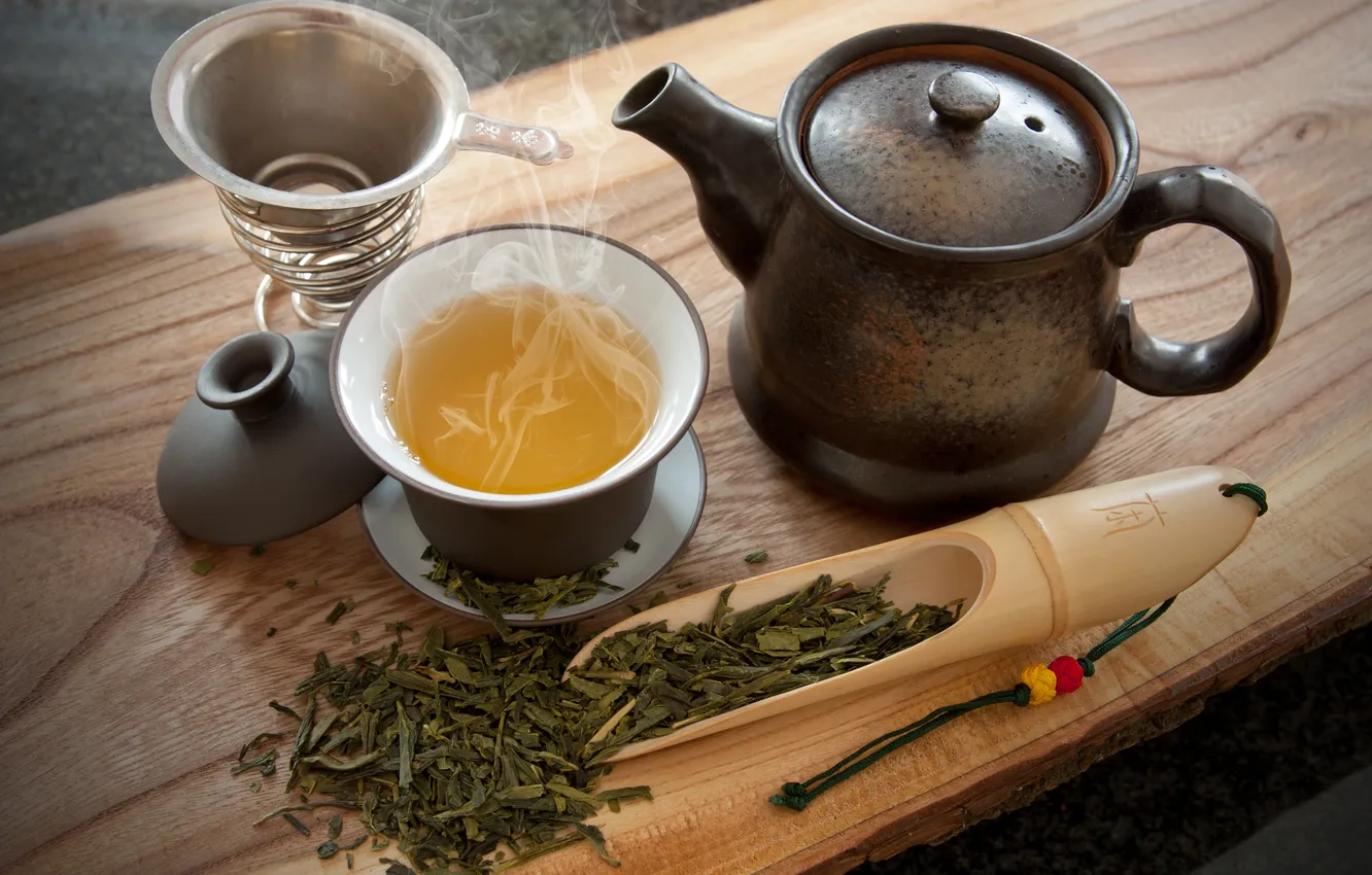 Photo wallpaper green, tea, kettle, pair, welding, bowl