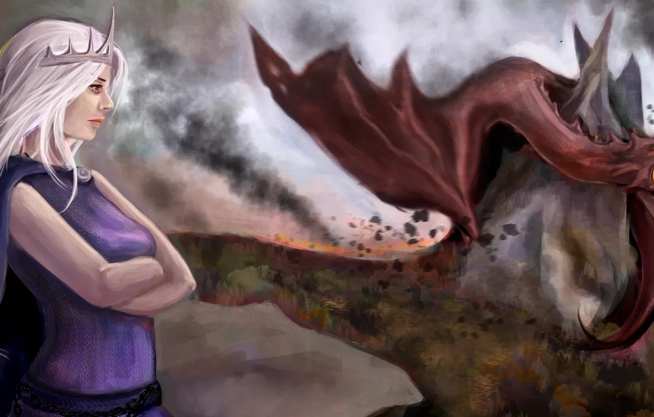 Photo wallpaper look, dragon, art, white hair, Daenerys Targaryen