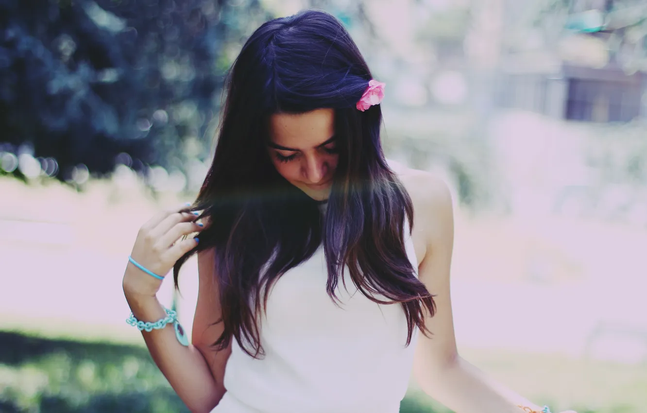 Photo wallpaper girl, flowers, brunette