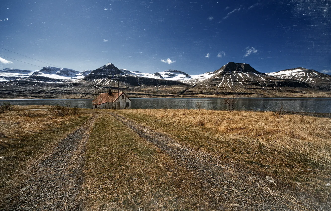 Photo wallpaper road, mountains, lake, house, style