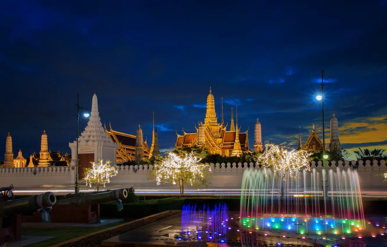 Photo wallpaper night, the city, fountain, Thailand, Bangkok, temples
