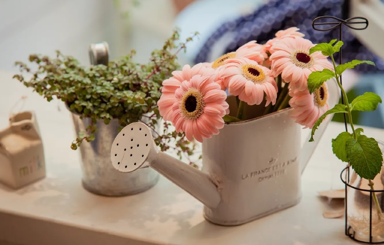 Photo wallpaper greens, flowers, interior, bouquet, lake, pink, gerbera