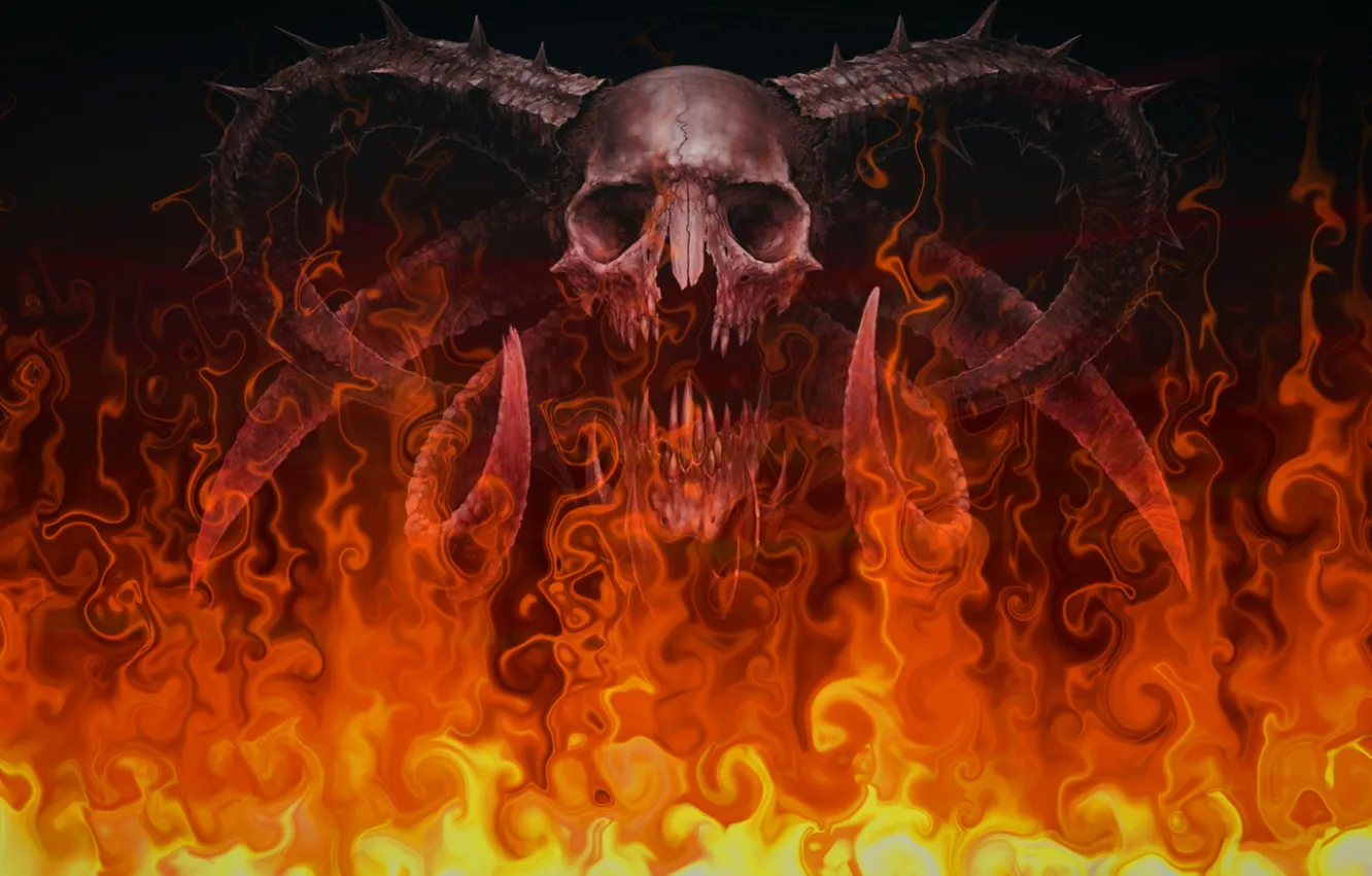 Photo wallpaper Skull, Fire, Flame, The demon, Horns, Evil, The devil, Satan