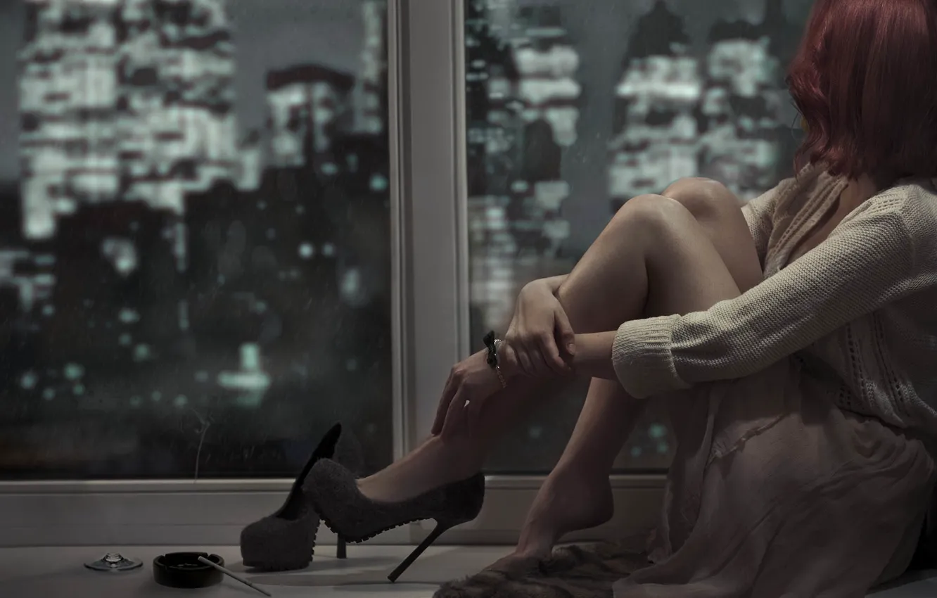 Photo wallpaper sadness, Girl, twilight, window, shoes, brown hair, ashtray