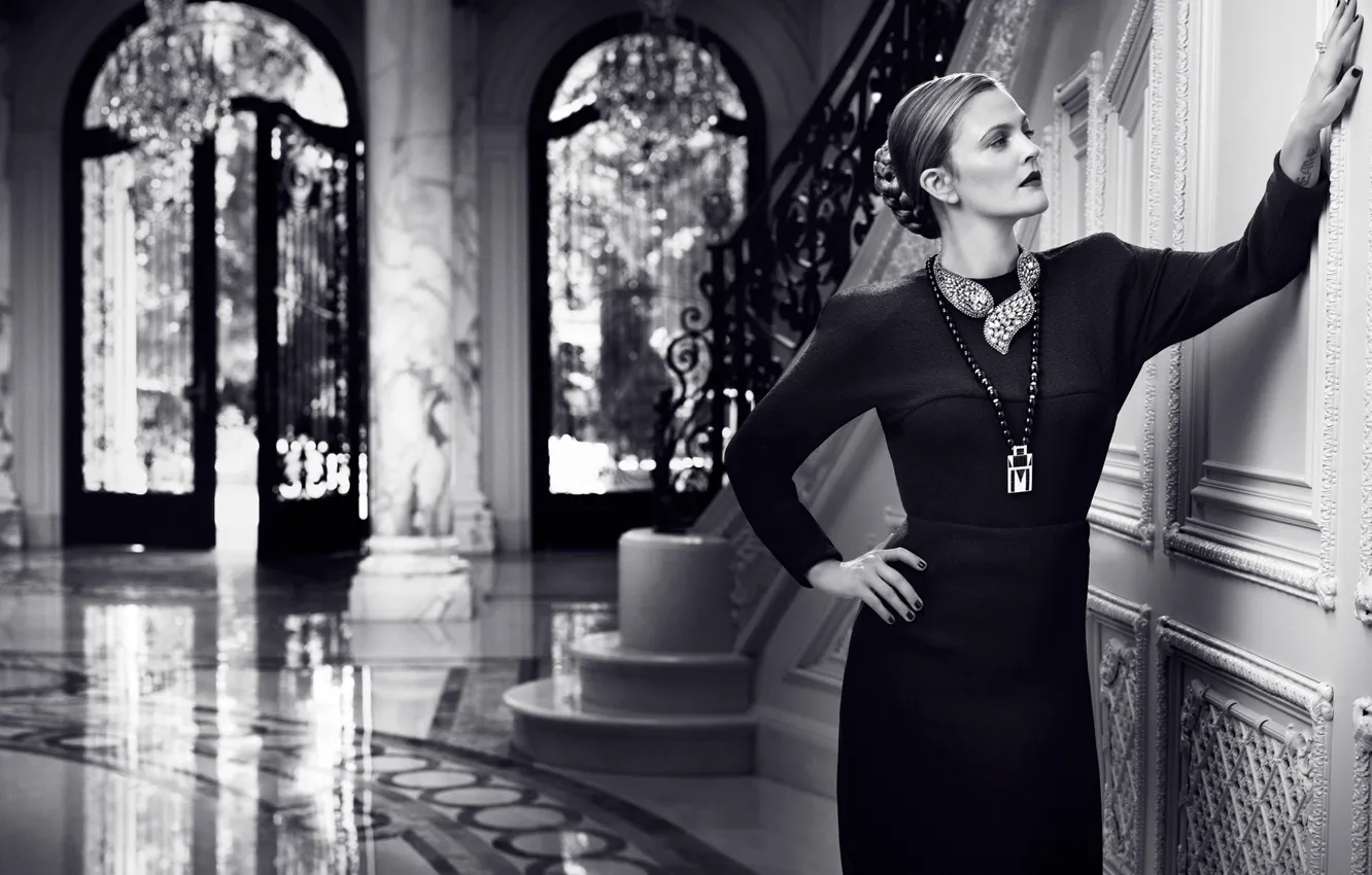 Photo wallpaper decoration, actress, black and white, black dress, hall, Drew Barrymore