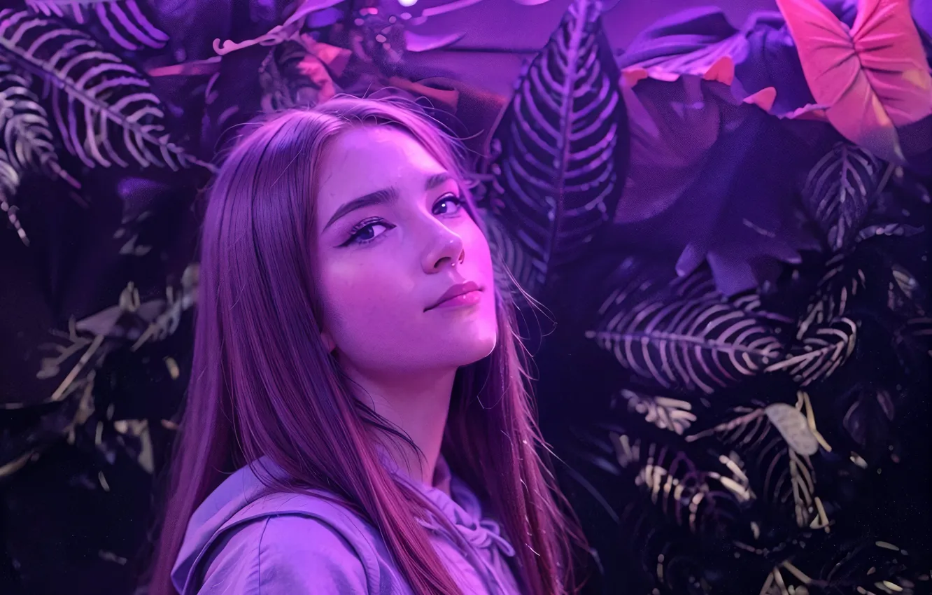 Photo wallpaper Neon, face, purple background, 3 monitor