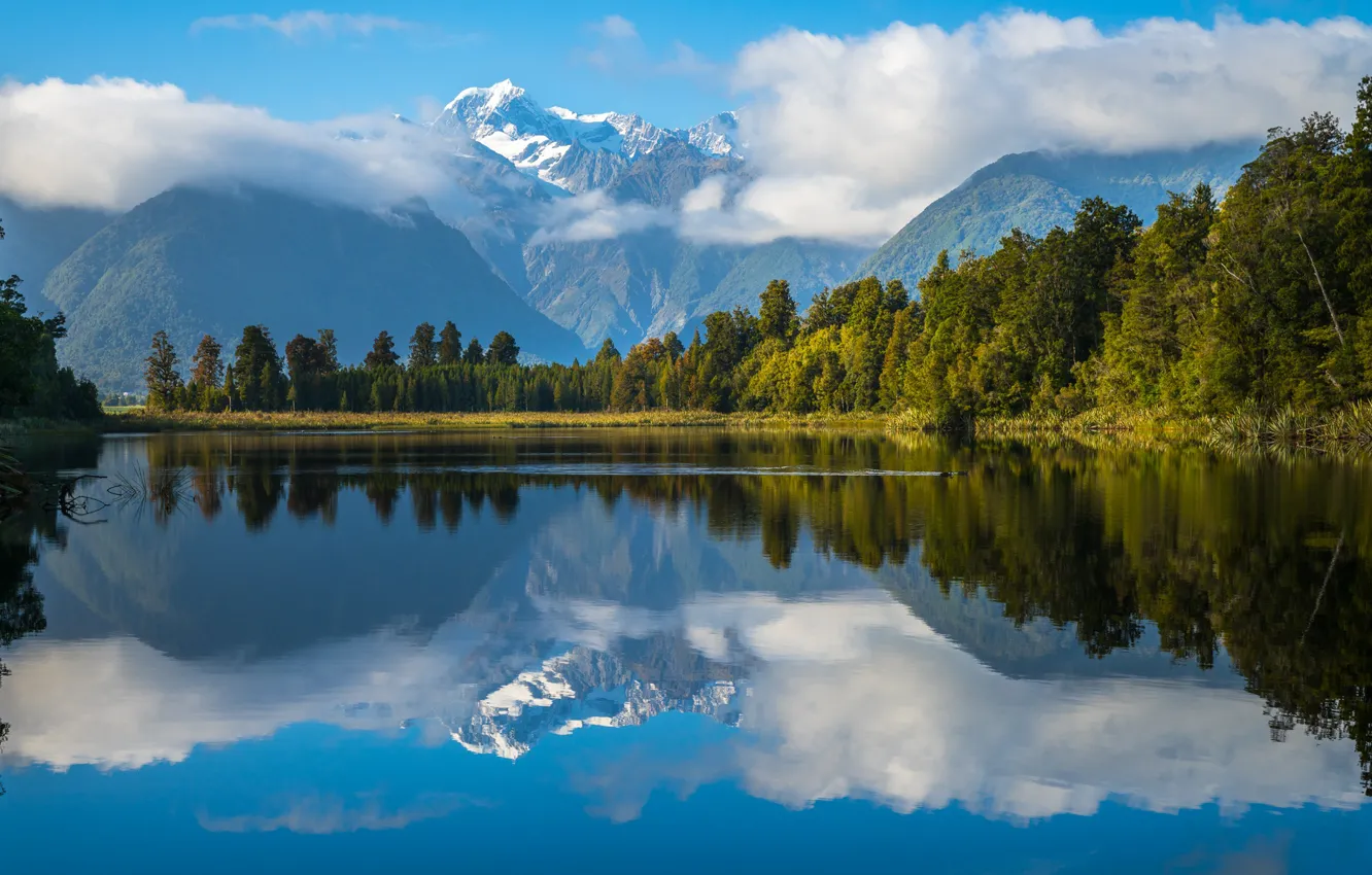 Photo wallpaper forest, clouds, mountains, reflection, blue, tops, slope, haze