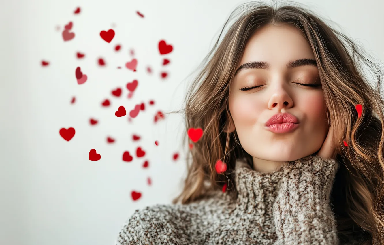 Photo wallpaper girl, face, portrait, kiss, lips, hearts, brown hair, light background