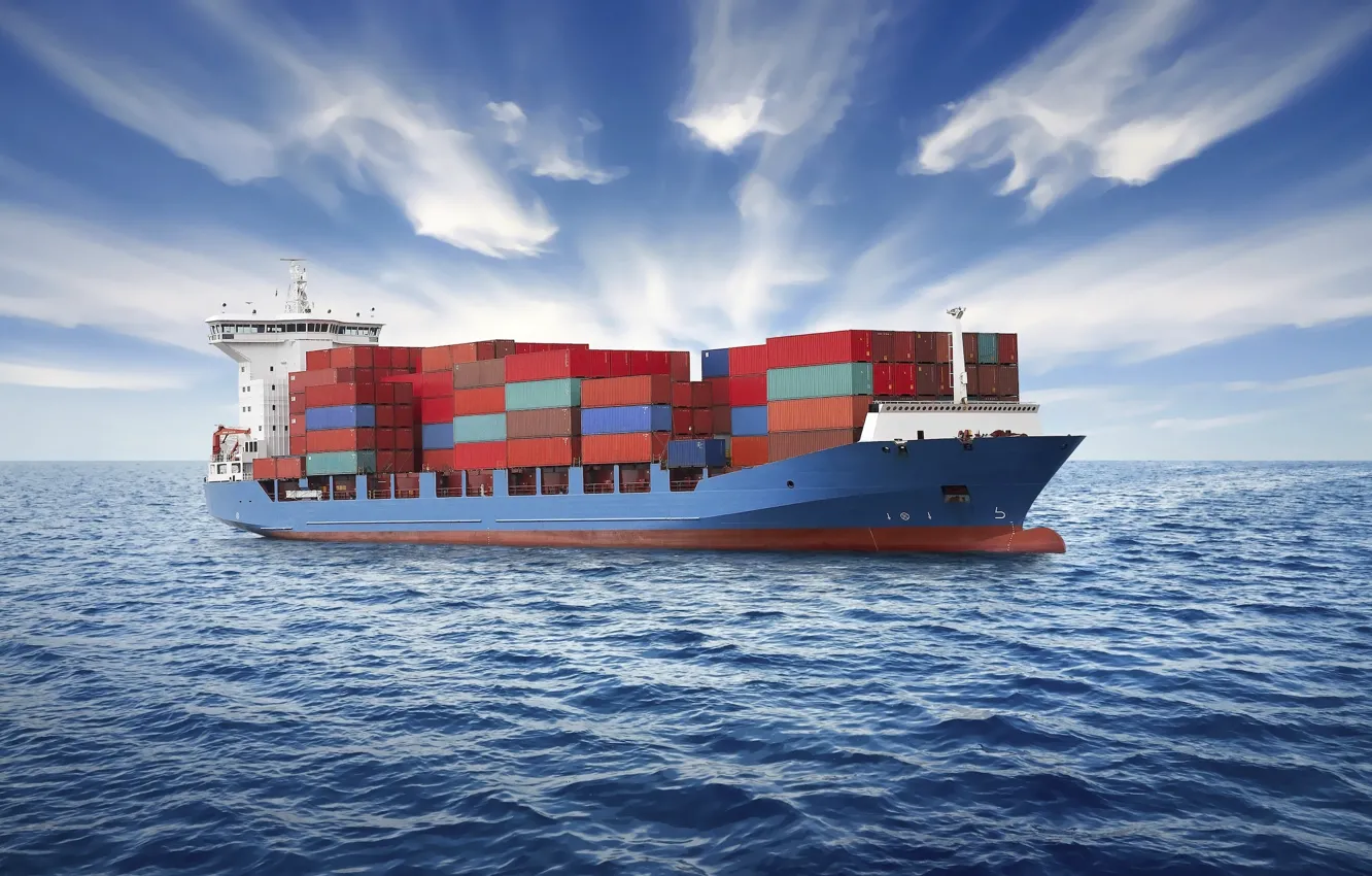 Photo wallpaper sea, clouds, ship, a container ship, oceandemo