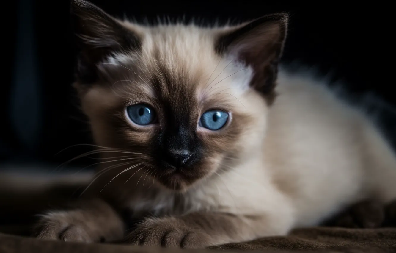 Photo wallpaper cat, look, pose, portrait, legs, lies, black background, kitty