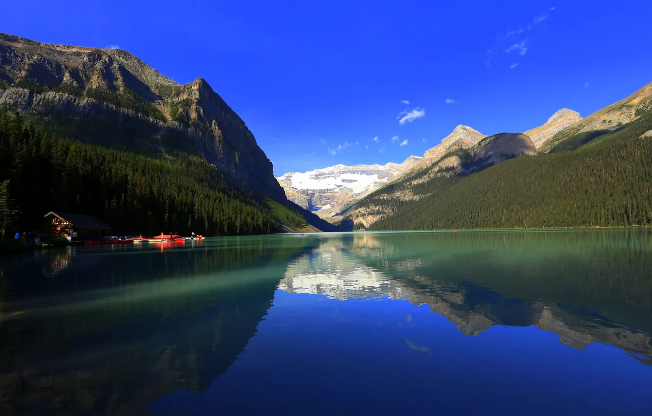 Photo wallpaper forest, mountains, lake, boat, home, Canada, Albert, Banff National Park