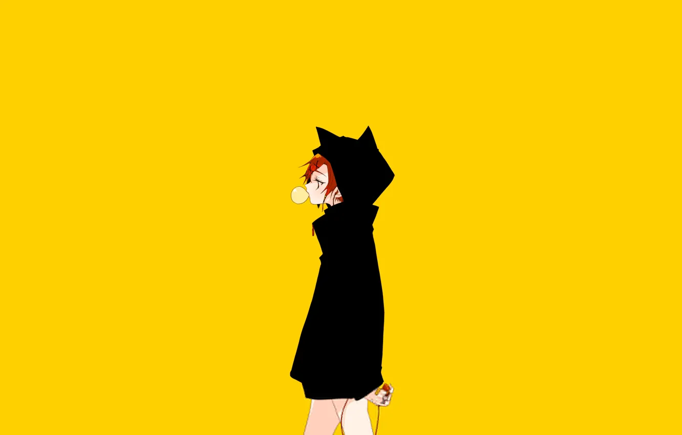 Photo wallpaper girl, minimalism, hood, bubble, cloak, yellow background, gum, cat ears