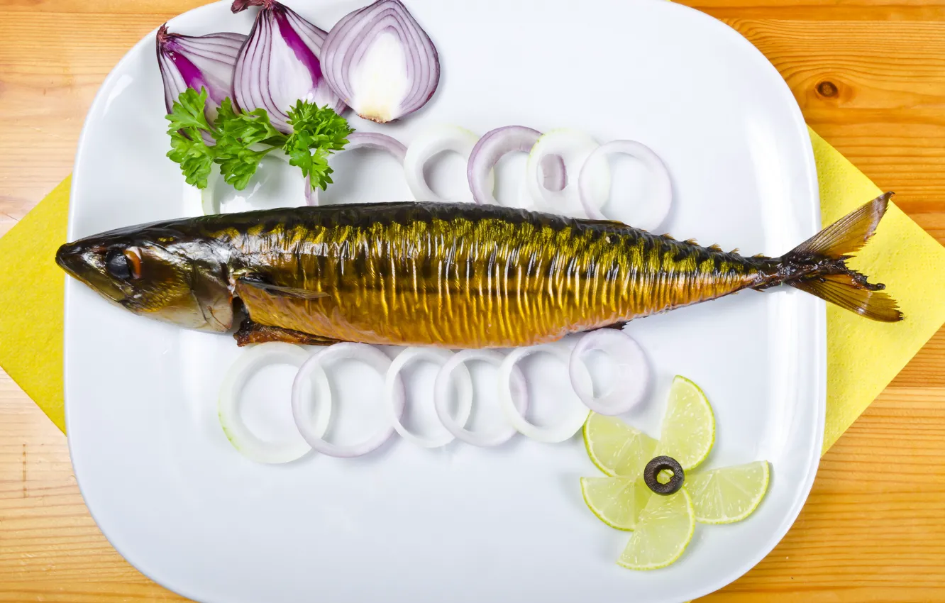 Photo wallpaper photo, lemon, food, fish, plate, lime, seafood, Onion