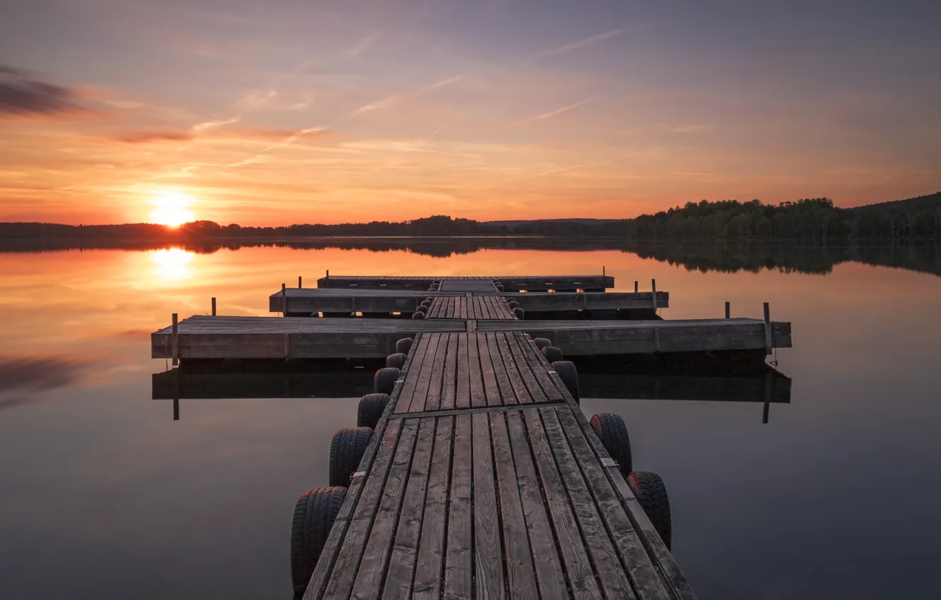 Photo wallpaper sunset, Board, pier, pierce, tires, the bridge, bridges, pond