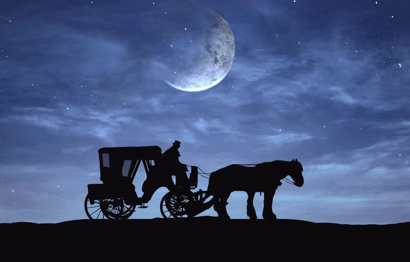 Photo wallpaper the sky, clouds, night, rendering, fantasy, horse, the moon, horse