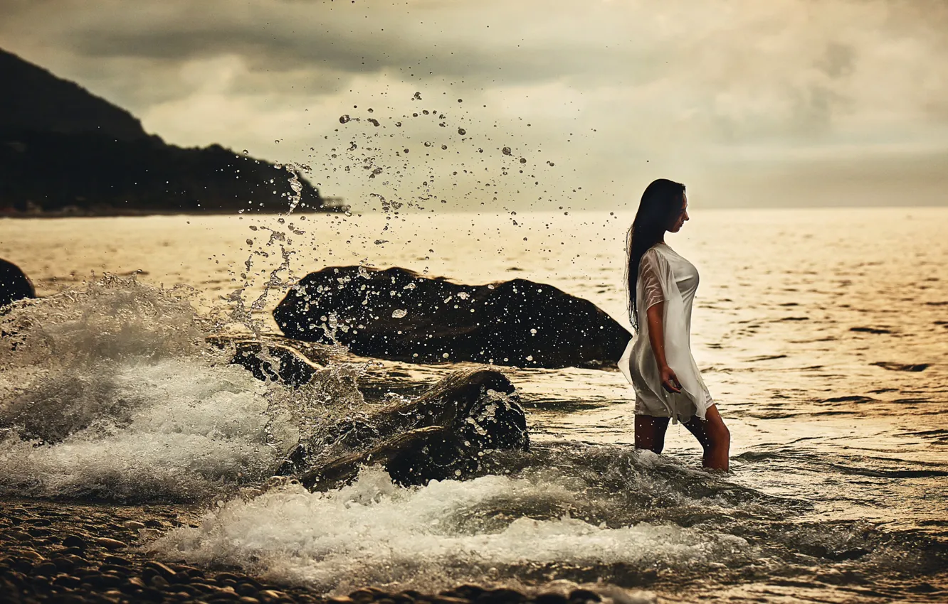 Photo wallpaper sea, the sky, clouds, sunset, squirt, stones, shore, the evening