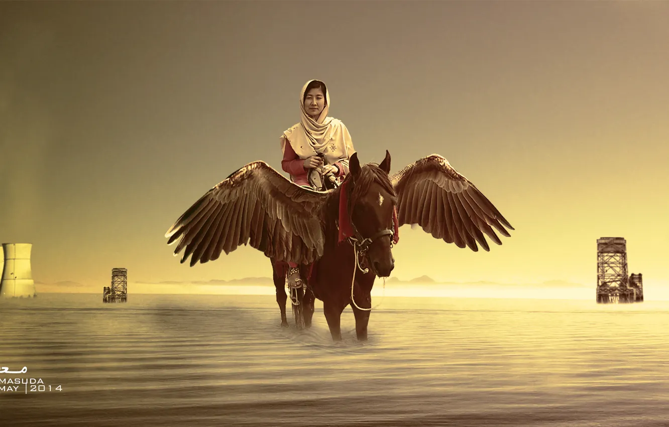 Photo wallpaper sea, wings, horse, she, worrior, fairtale, parry