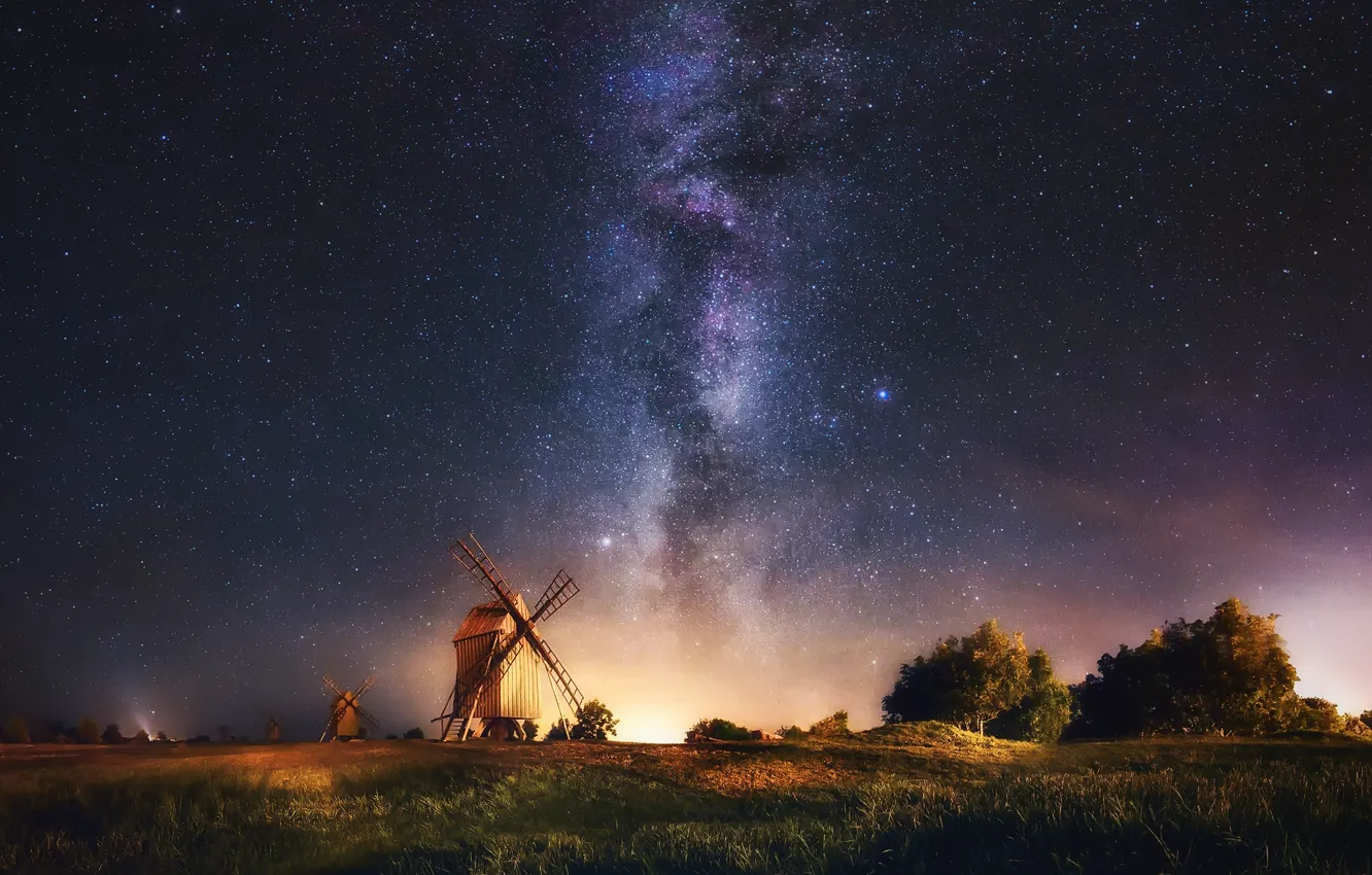 Photo wallpaper the sky, stars, night, island, Sweden, the milky way, windmills, Eland