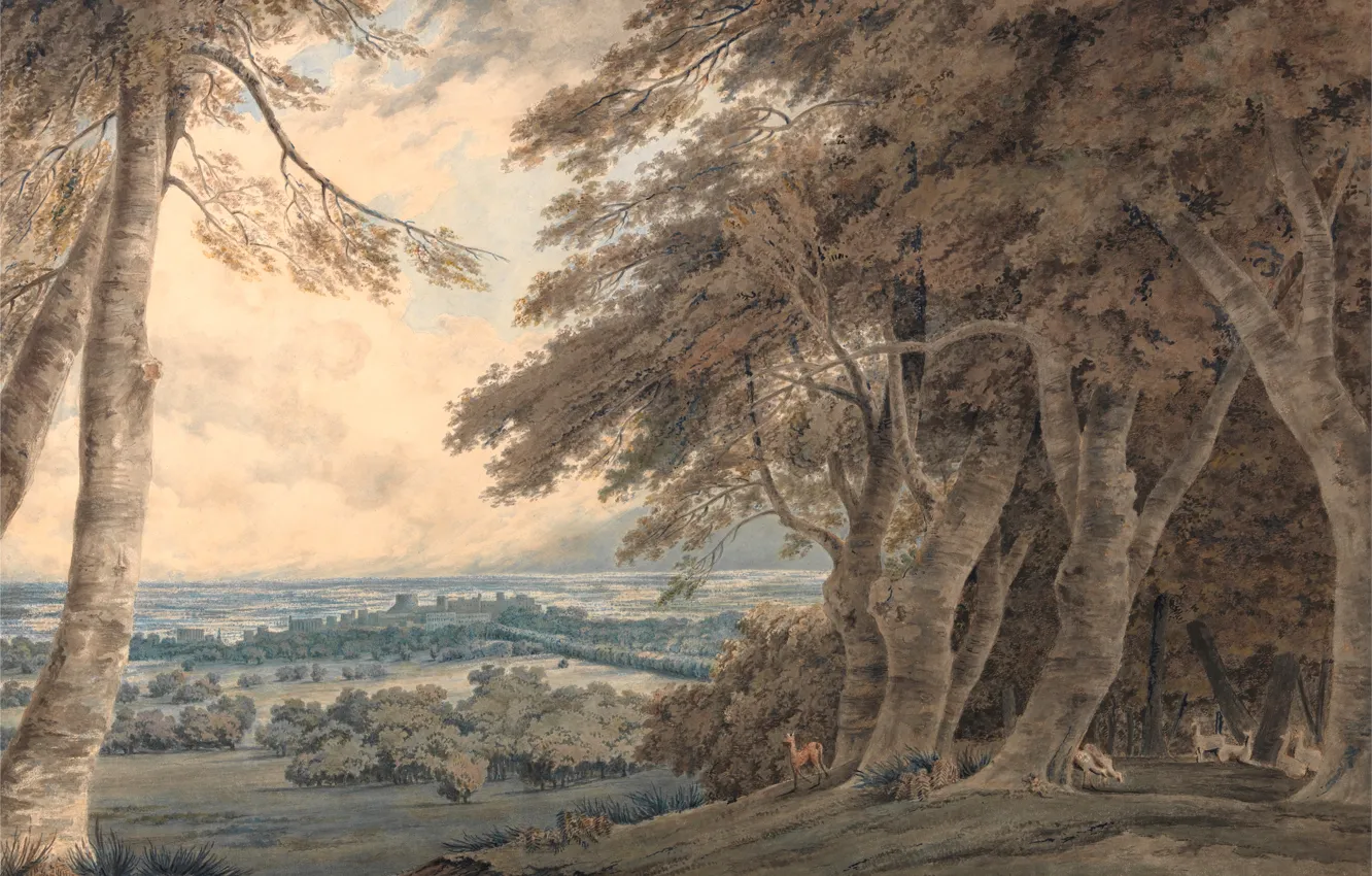 Photo wallpaper animals, trees, landscape, hills, picture, watercolor, Windsor, William Turner