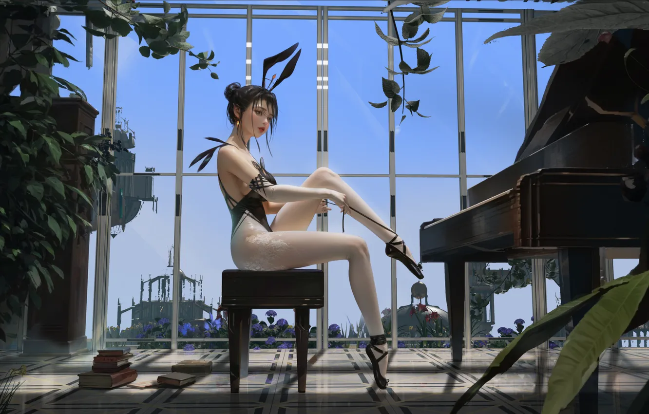 Photo wallpaper plan, women, digital art, artwork, plants, sitting, dark hair, illustration