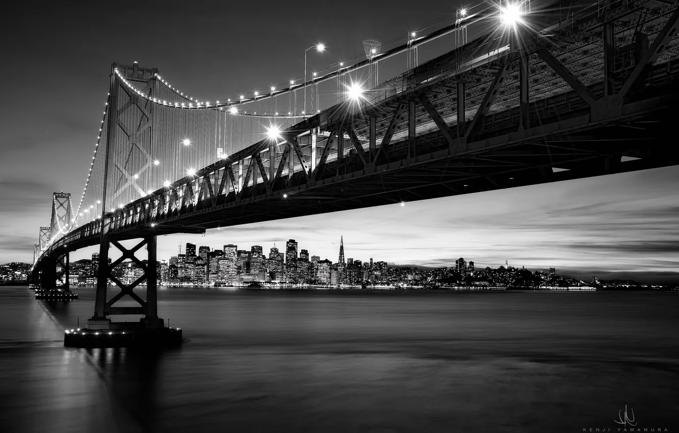Photo wallpaper bridge, the city, lights, b/W, San Francisco, photographer, Kenji Yamamura