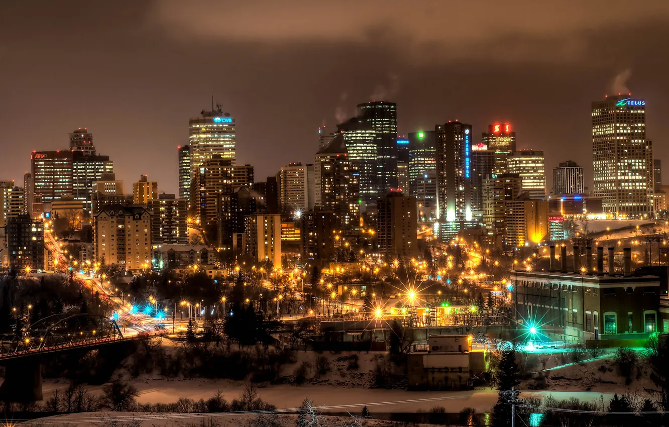 Photo wallpaper night, lights, skyscrapers, Canada, Alberta, Edmonton, Edmonton
