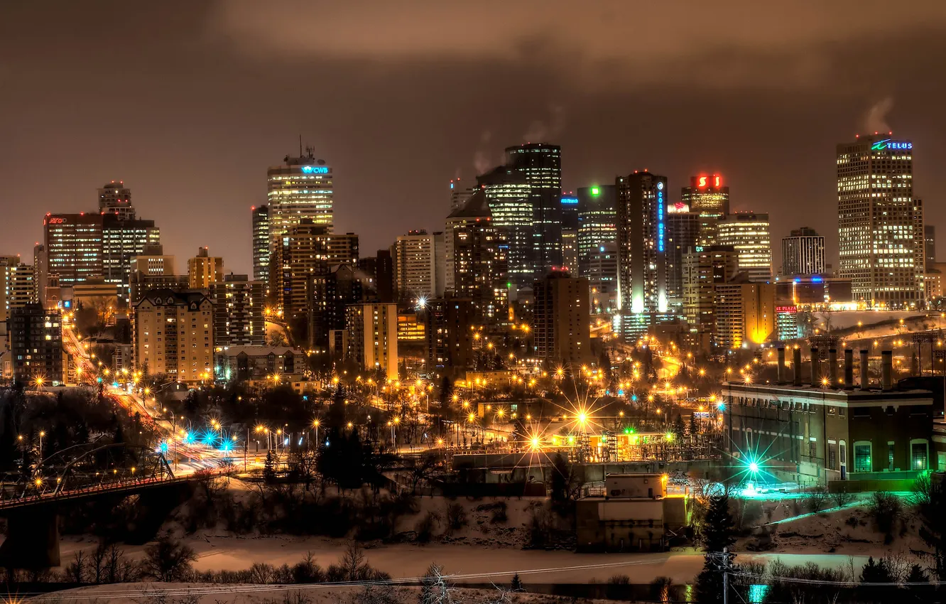 Photo wallpaper night, lights, Canada, skyscrapers, Alberta, Edmonton, Edmonton