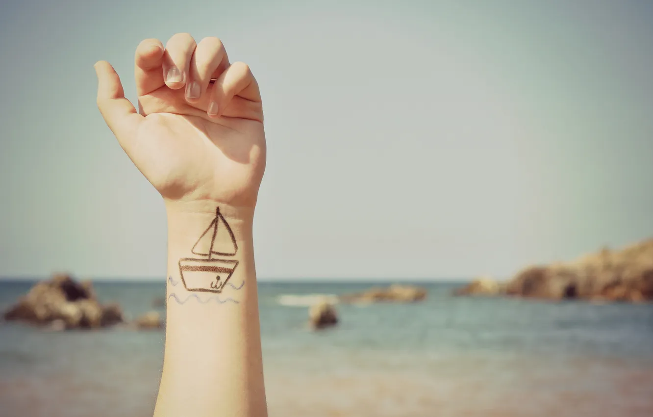 Photo wallpaper wave, summer, figure, ship, hand, anchor