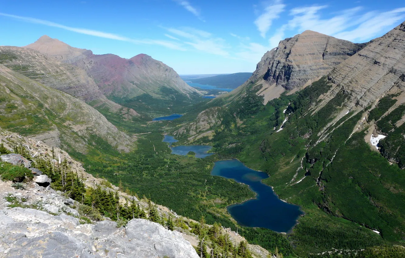 Photo wallpaper mountains, lake, rocks, valley, panorama, gorge, USA, Glacier National Park