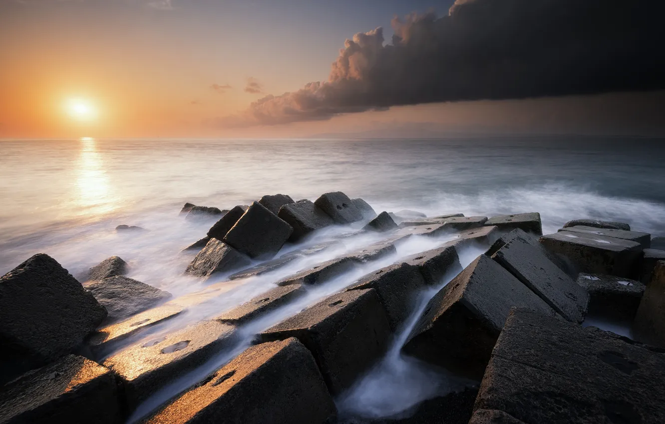 Photo wallpaper sea, sunset, stones