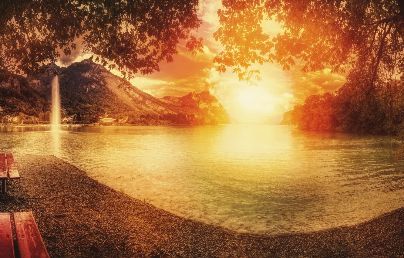 Photo wallpaper autumn, sunset, lake