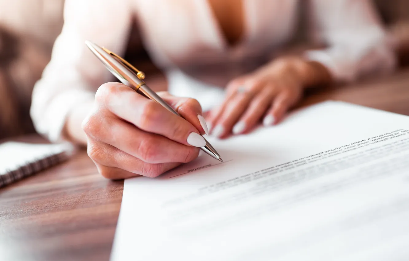 Photo wallpaper paper, Signature, contract, empowered woman who keeps half of the assets