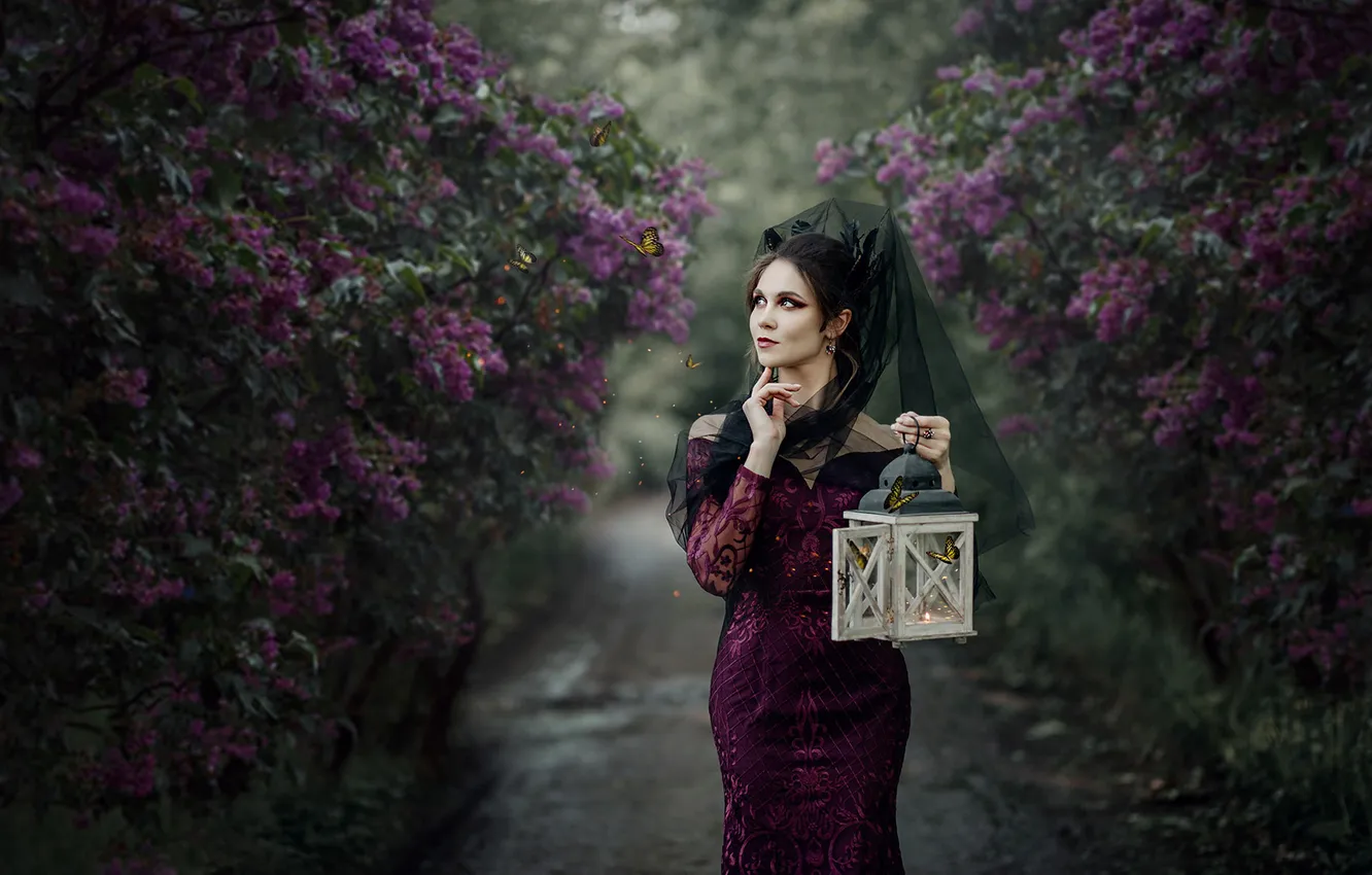 Photo wallpaper pose, look, Mila Agafonova, Park, girl, garden, butterfly