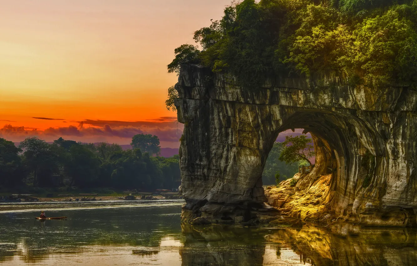 Photo wallpaper trees, rock, river, China, glow, arch, Guilin, Elephant Trunk Hill