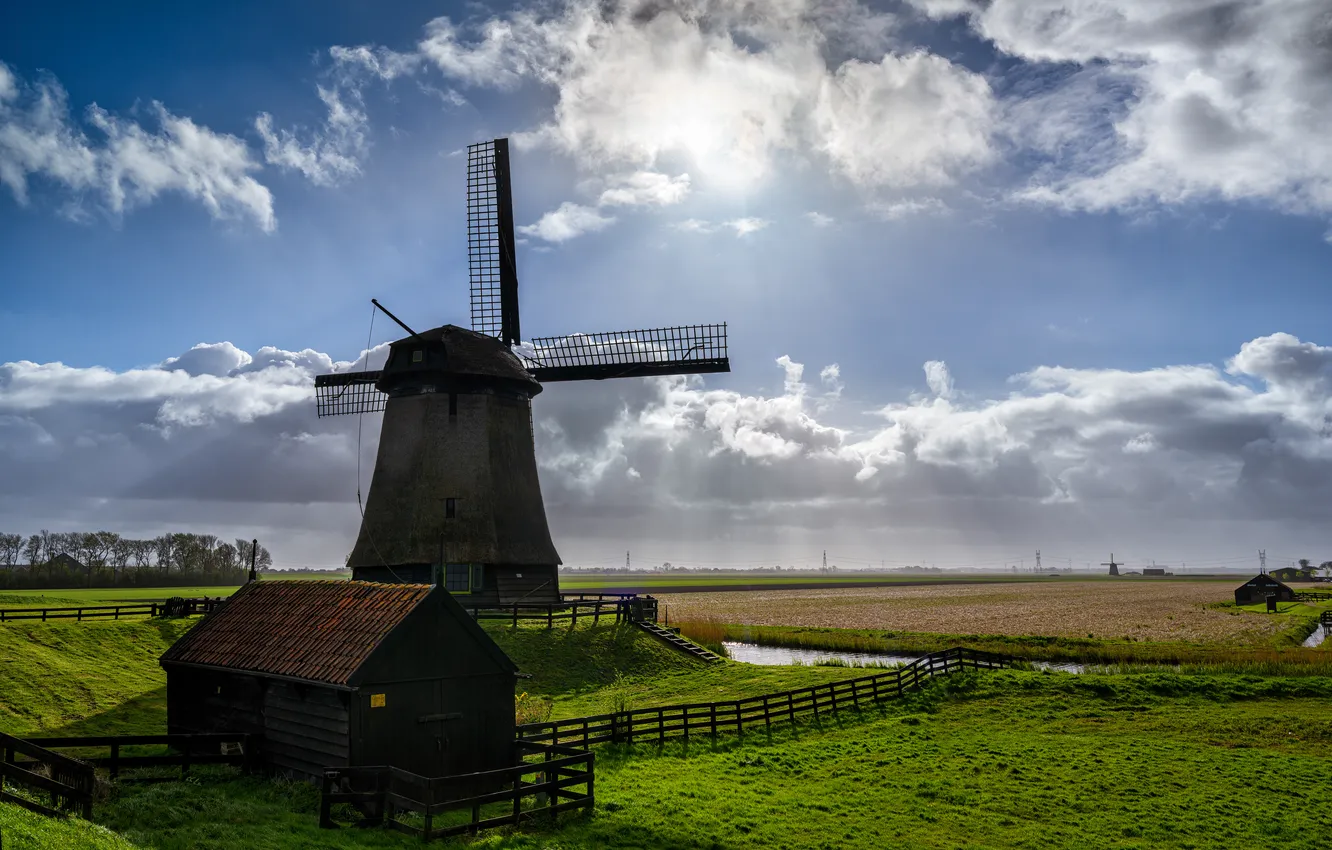 Photo wallpaper clouds, mill, Holland